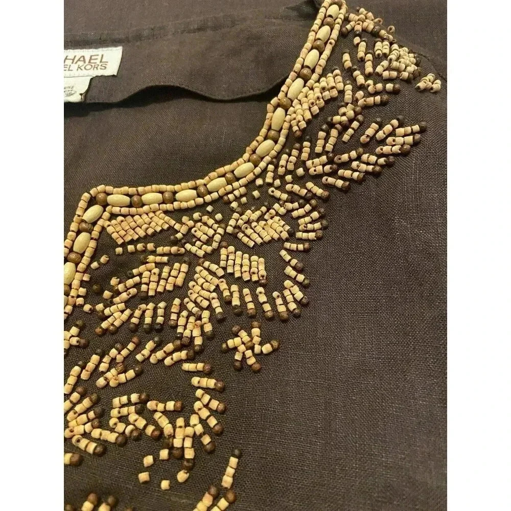Michael Kors Large Tunic Top Blouse Brown Linen Wooden Beaded Embroidered Size M - Picture 5 of 8